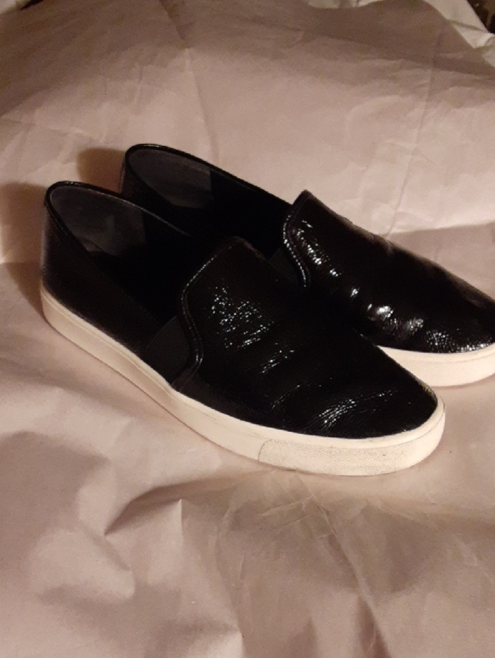 Vince Flaire 5  Black Patent  Crinckle Leather Slip-On Sneakers with White Sole